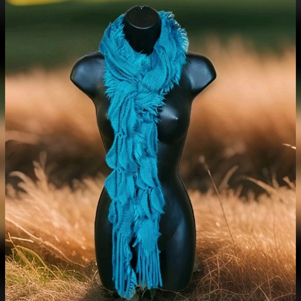 Mix & Co. Ruffled Scarf Fringe Teal/Turquoise Soft Extra Long Boa 80"×7.75" EUC